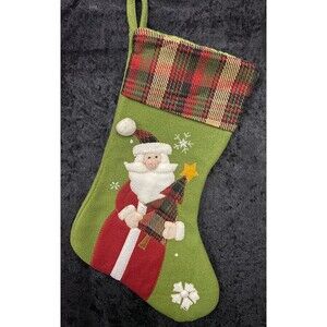 Santa Christmas Stocking Plaid Trim Patchwork Snowflakes Christmas Tree